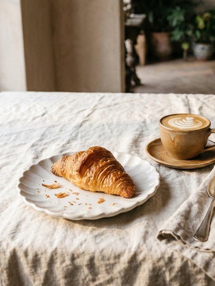 Croissant et café devant l’arche du patio