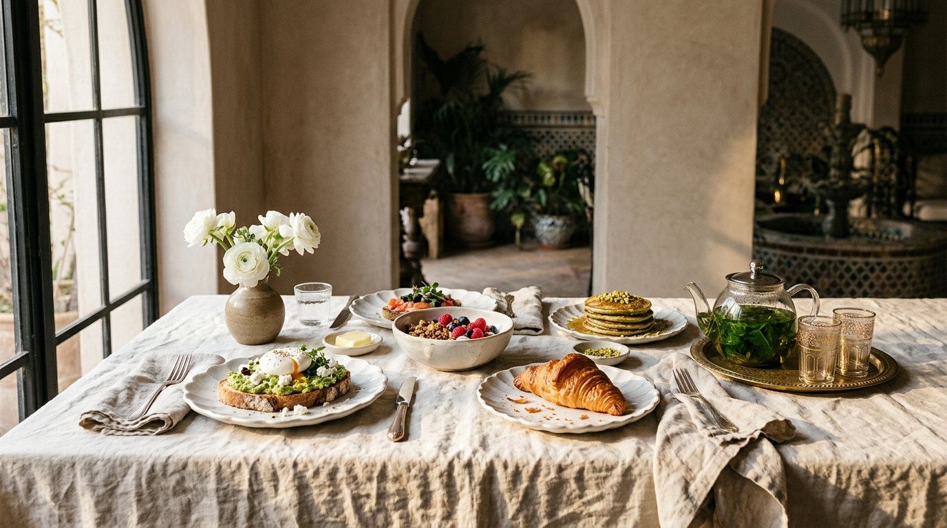 Table de brunch dressée près d’une grande fenêtre