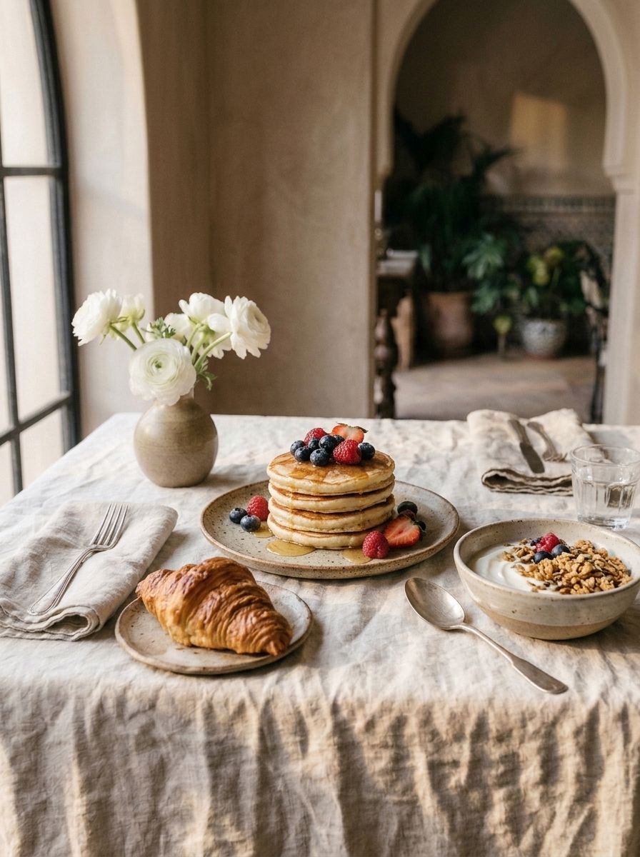 Pancakes, croissant et granola