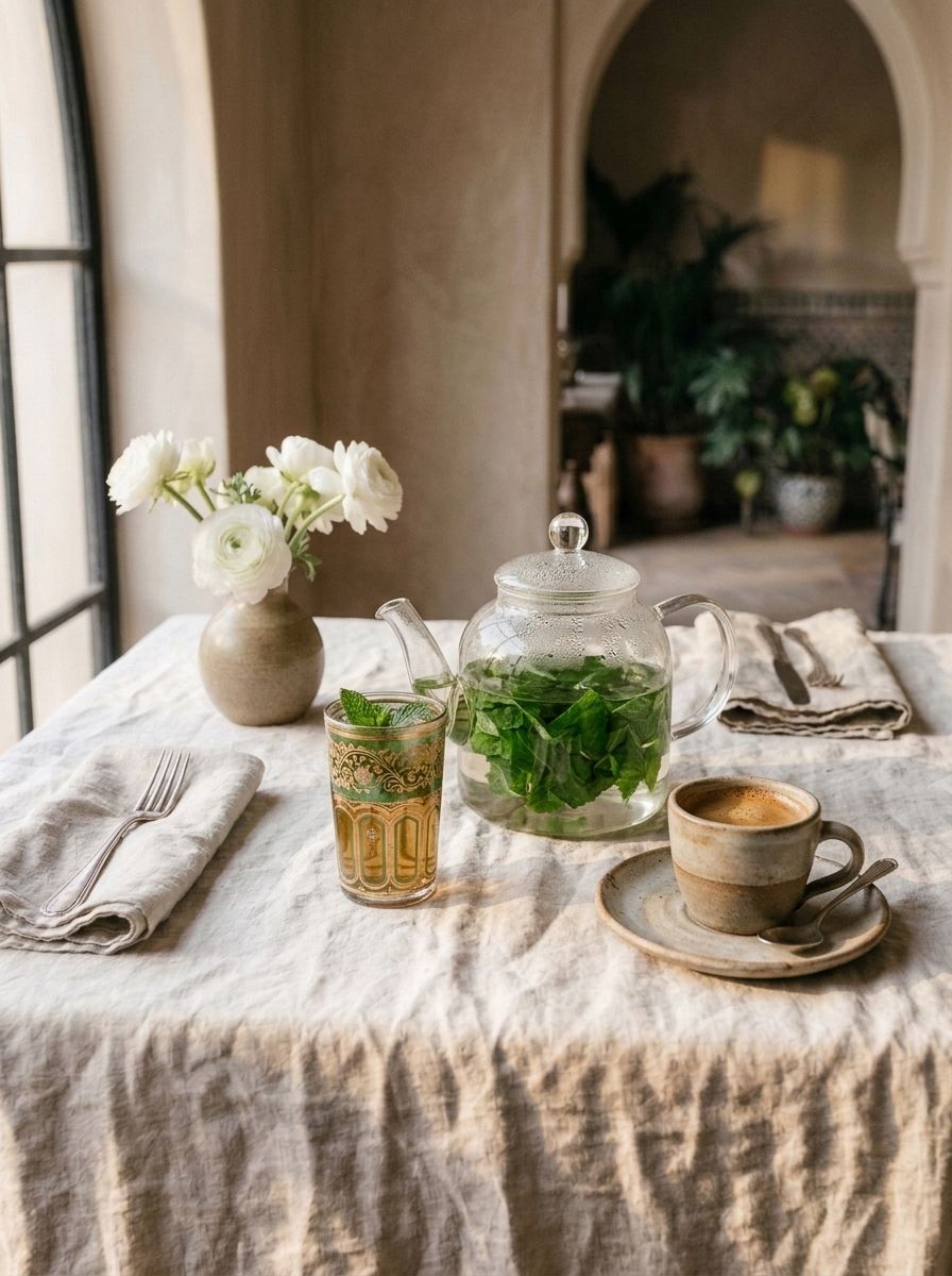 Thé à la menthe et expresso sur une table en lin