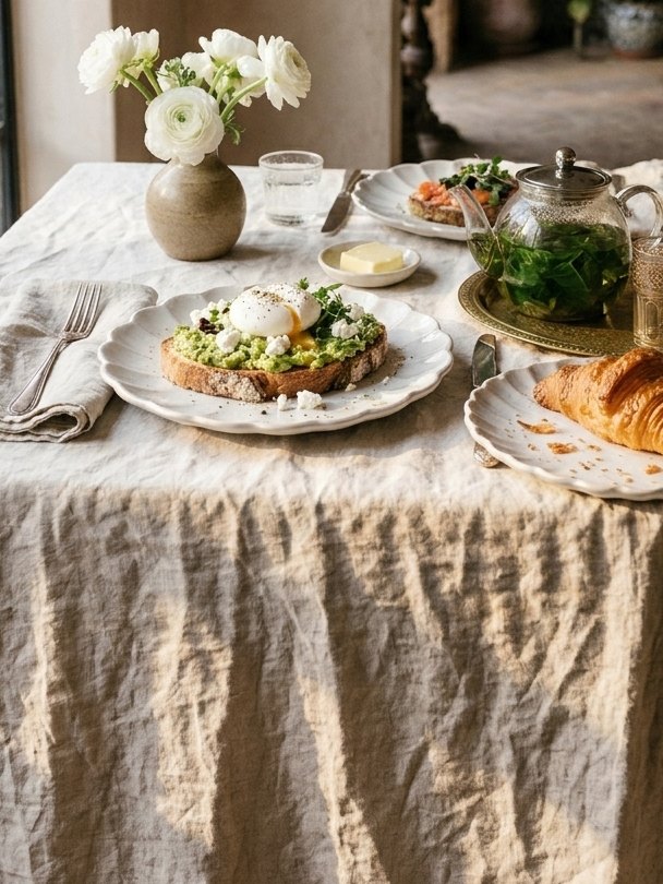 Table de brunch, fleurs et pain