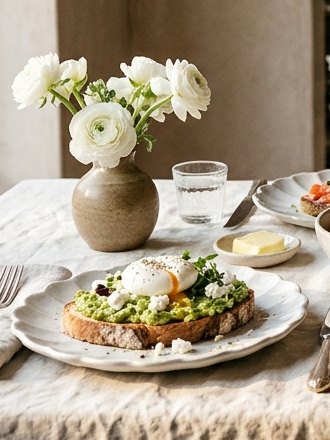 Avocado toast et fleurs